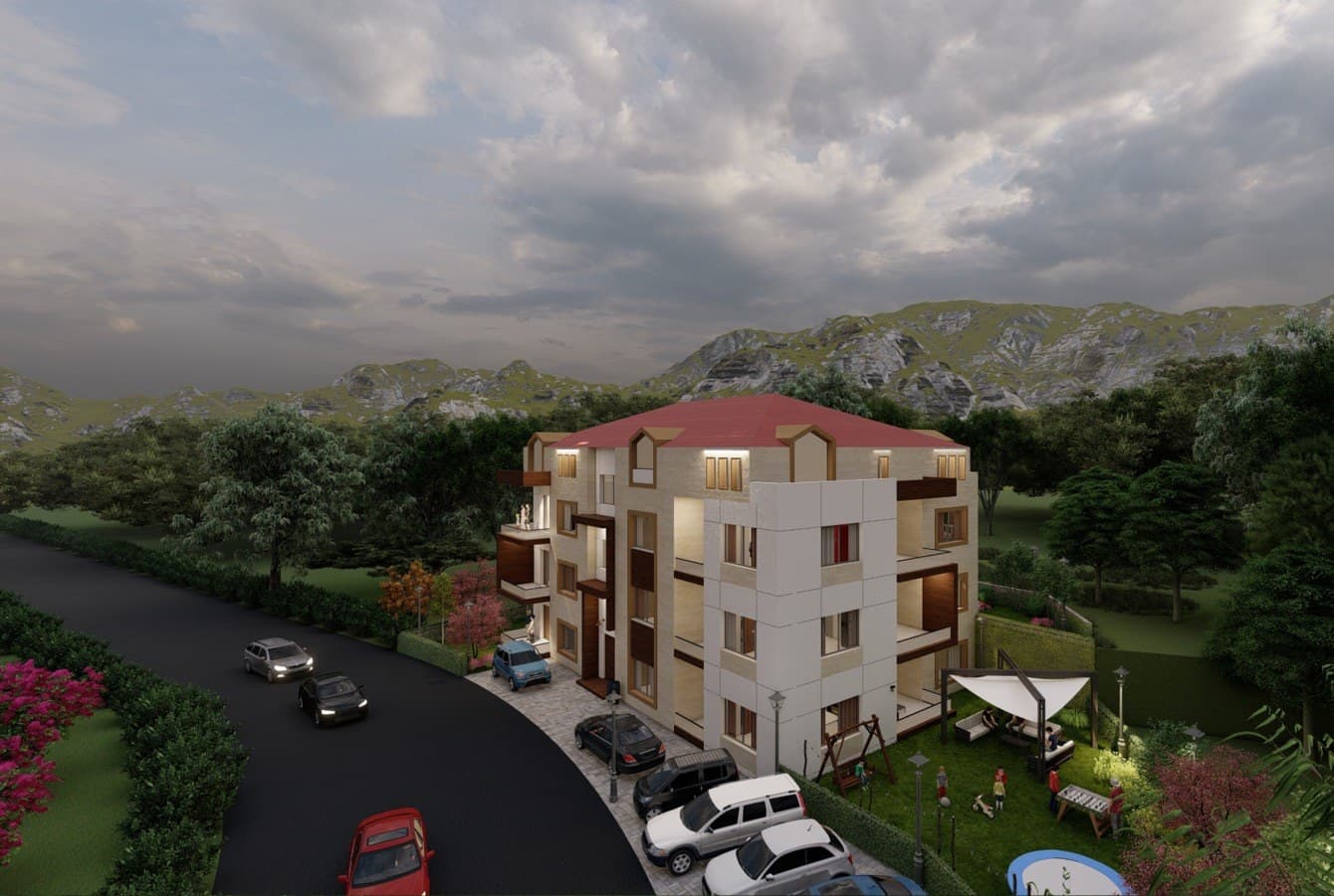Aerial view of Ainwzein Residence 01 set among trees, with the Chouf hills behind it