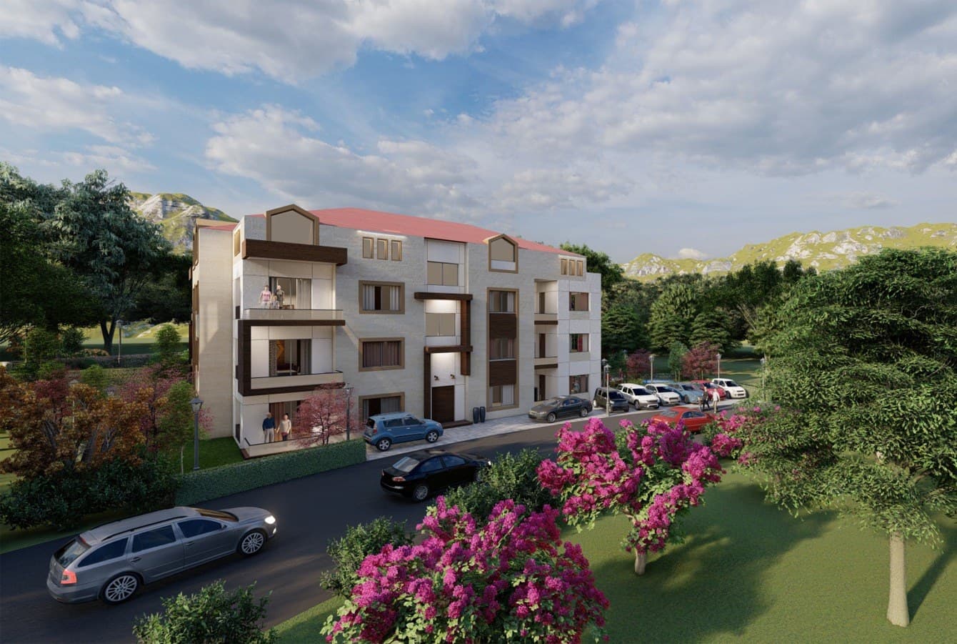 Street view of Ainwzein Residence 01 with its stone facade and flowering approach
