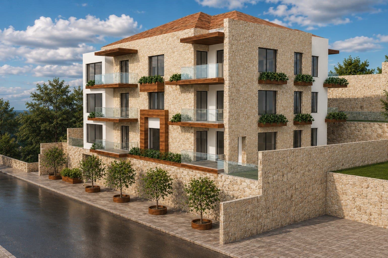 Front elevation of Ainwzein Residence 02 with stone facade and planted balconies